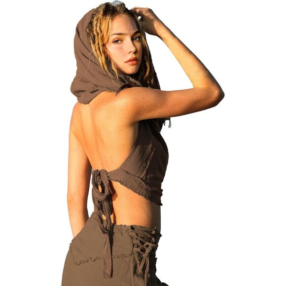 ⚡Women's Dark Brown Crop Tank Boho Open Back Cross Wrap Swim Cover Up Top - Picture 4 of 7